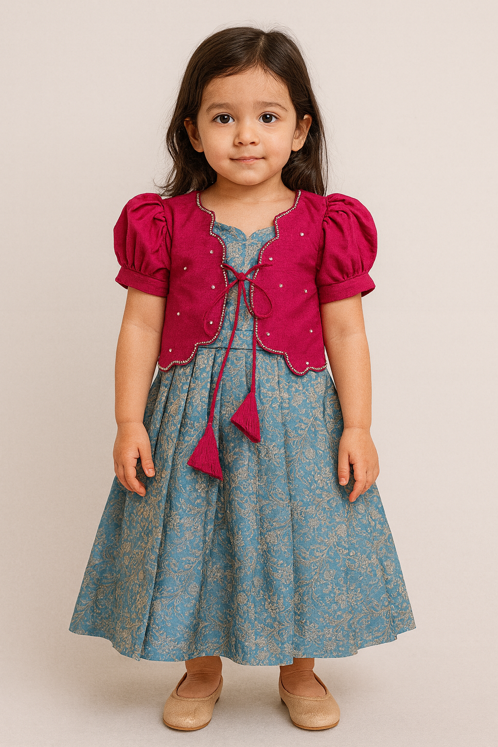 Traditional Brocade Frock with Puff Sleeve Jacket – Blue & Pink