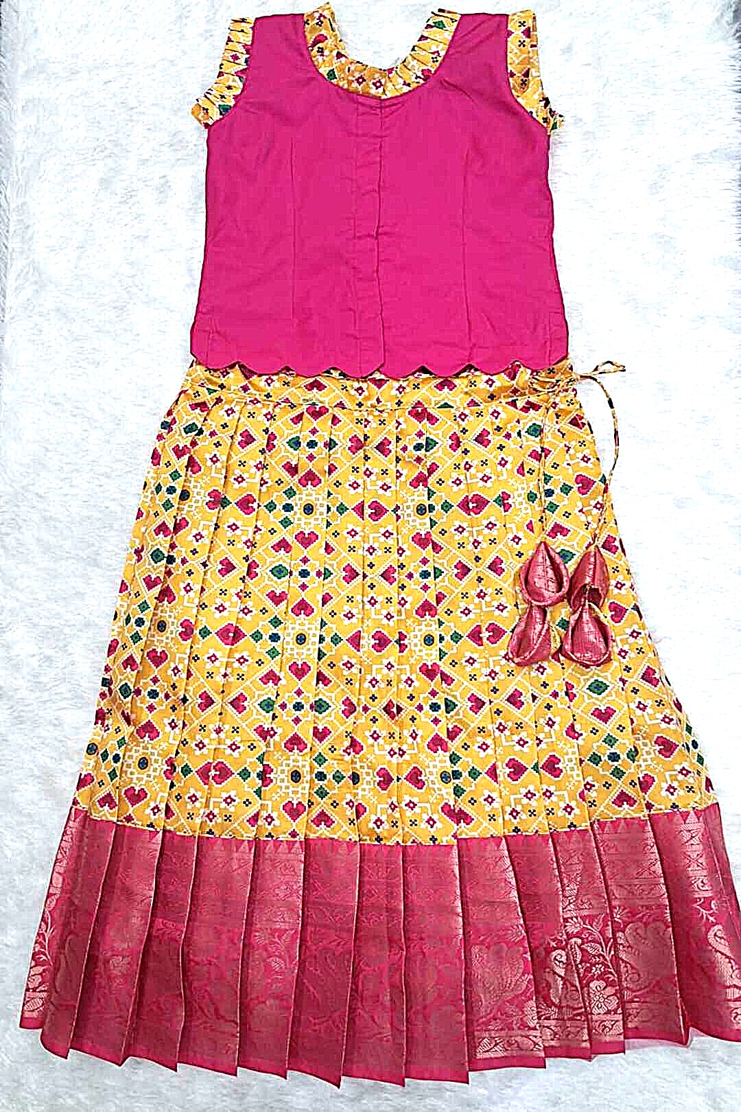 Hand-Painted Ethnic Pattu Pavadai Set – Pink & Yellow