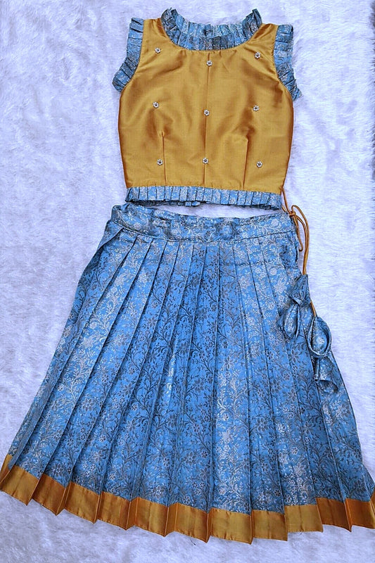 Ethnic Pleated Banarasi art silk Lehenga Set – Mustard & Blue