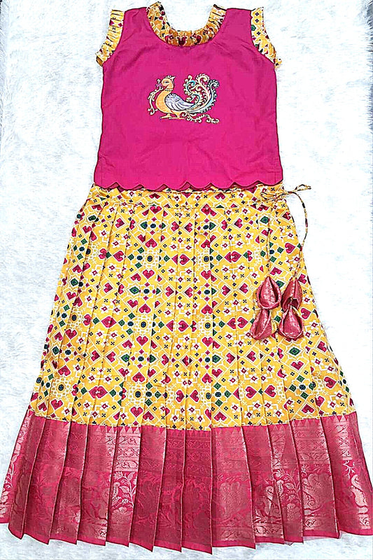 Hand-Painted Ethnic Pattu Pavadai Set – Pink & Yellow