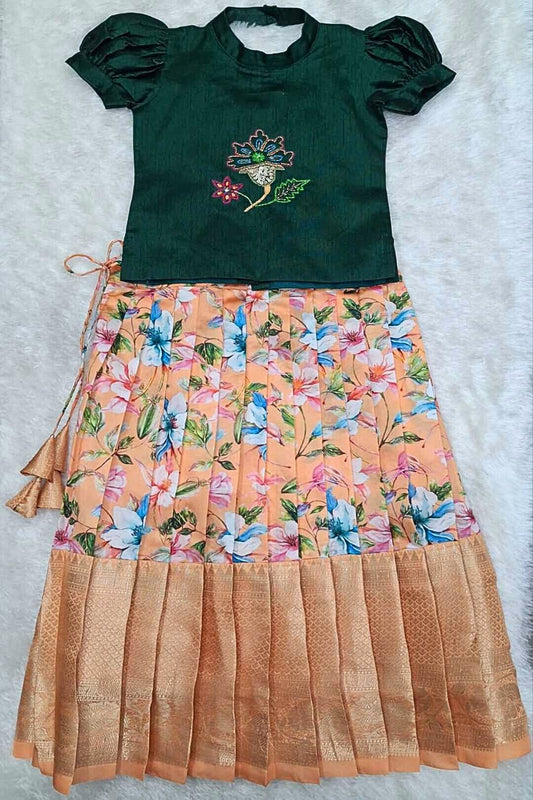 Floral Peach Pleated Skirt with Dark Green Puff Sleeve Top