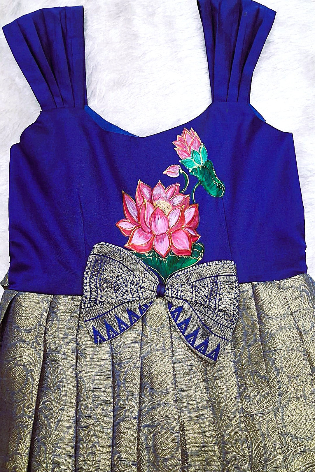Royal Blue & Gold Hand-Painted Lotus Frock – Ethnic Elegance