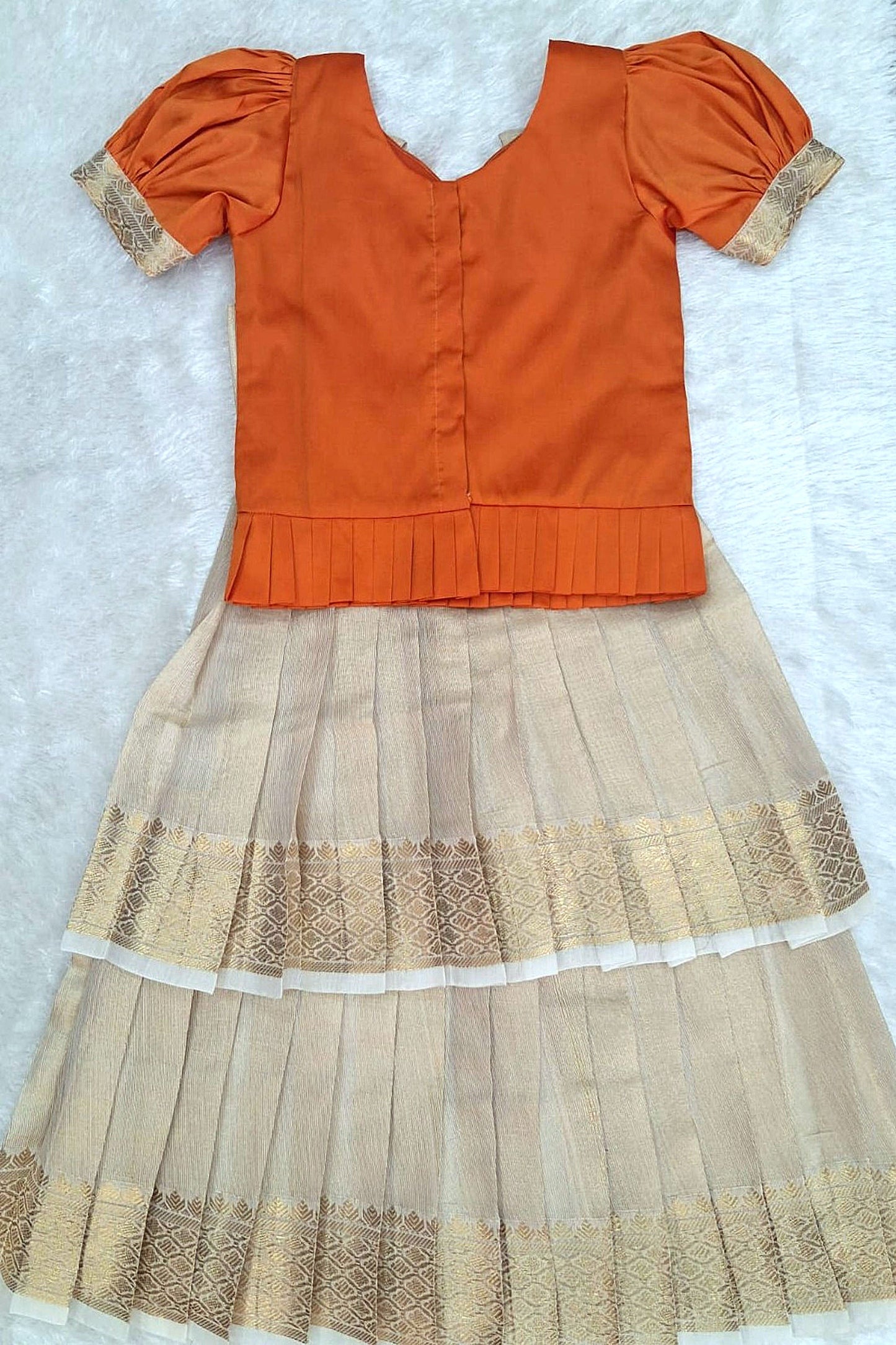 Elegant Orange Blouse with Cream Zari Skirt Set