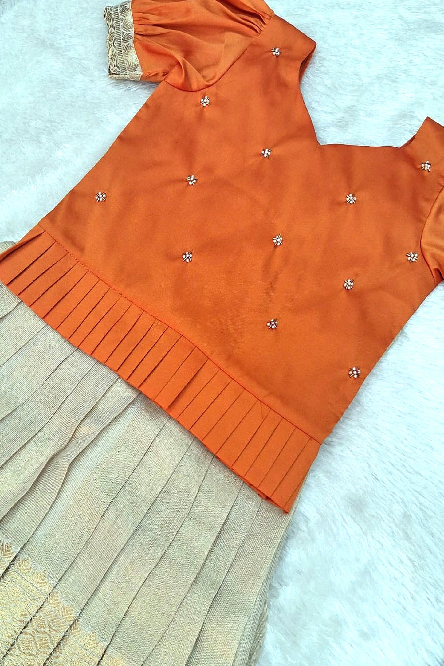 Elegant Orange Blouse with Cream Zari Skirt Set