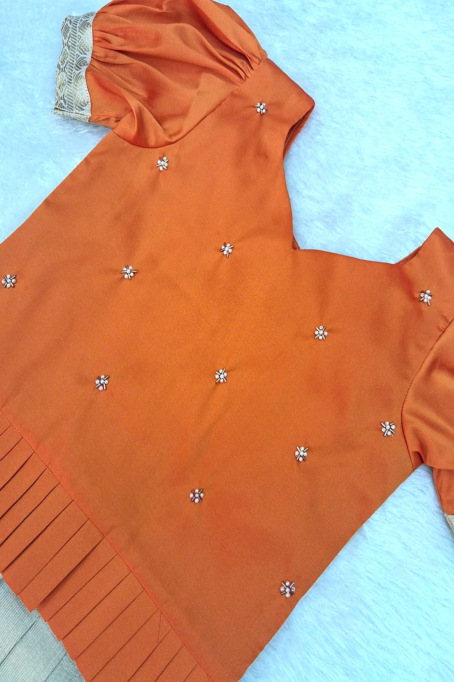 Elegant Orange Blouse with Cream Zari Skirt Set