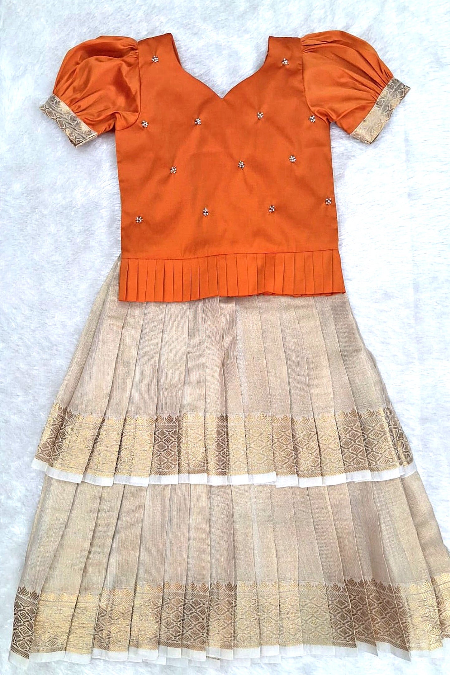 Elegant Orange Blouse with Cream Zari Skirt Set