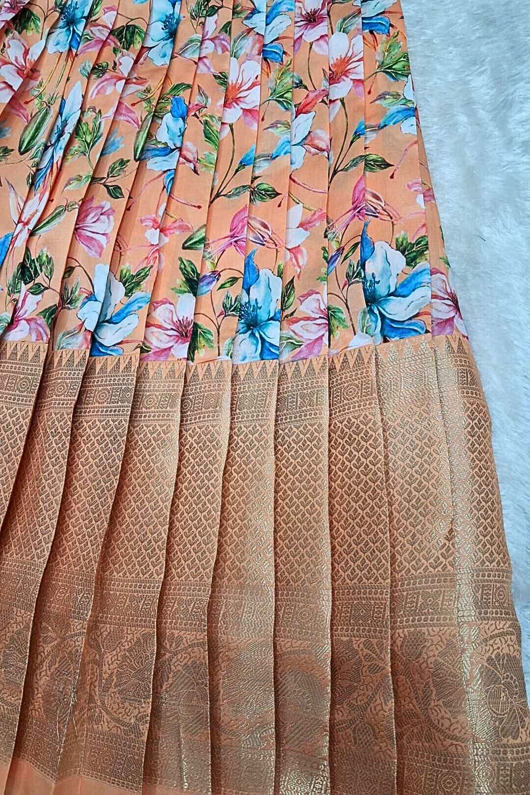 Floral Peach Pleated Skirt with Dark Green Puff Sleeve Top