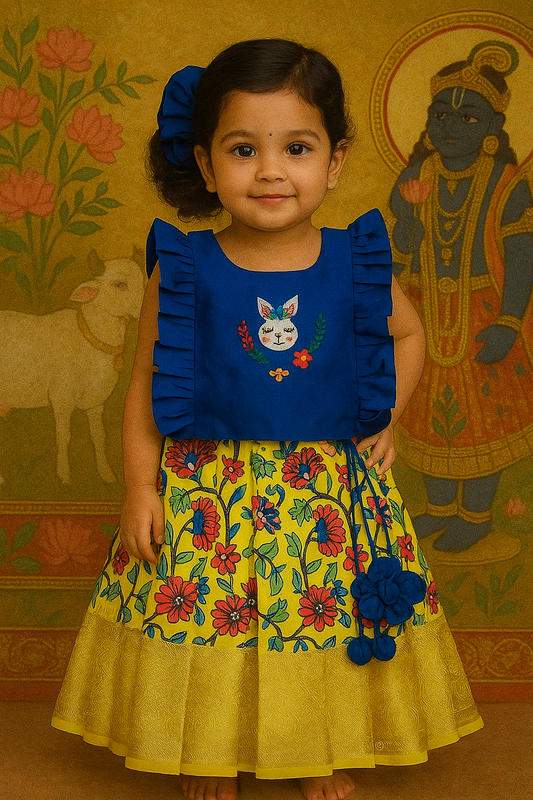 Girls Floral Printed Skirt & Embroidered Ruffle Top Set – Blue & Yellow