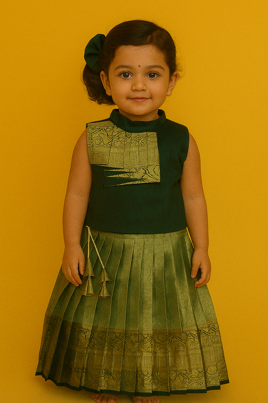 Elegant Pattu Pavadai Set – Bottle Green & Gold