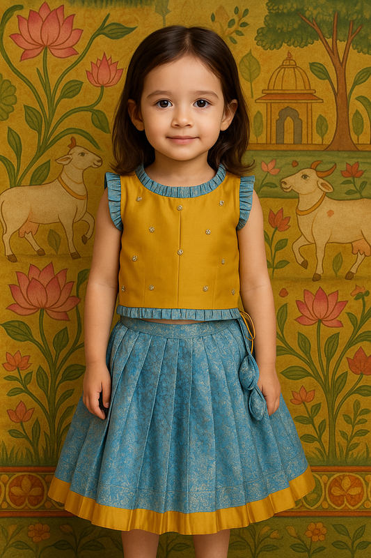 Ethnic Pleated Banarasi art silk Lehenga Set – Mustard & Blue