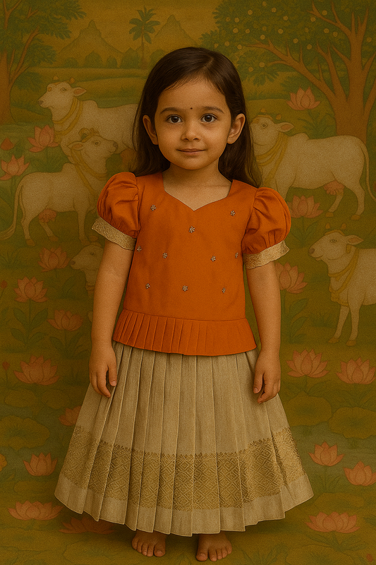 Elegant Orange Blouse with Cream Zari Skirt Set