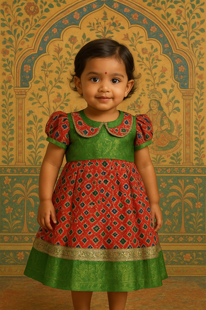 Traditional Ikkat Print Kids Dress with Gota Patti Work