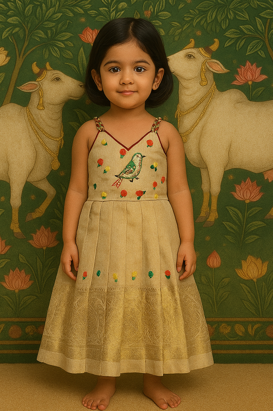 Elegant Tissue Fabric Frock with Hand Embroidery – Bird Motif