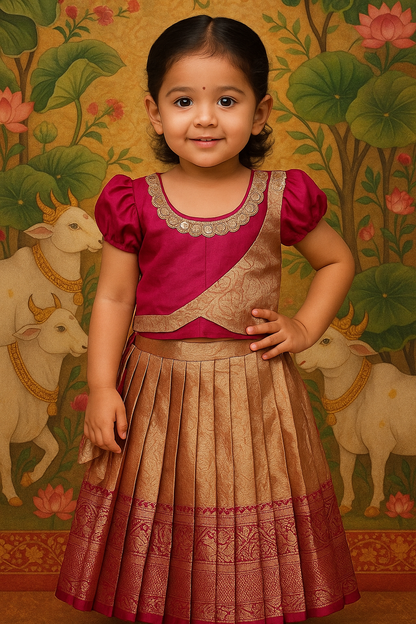 Girls Traditional Silk Pattu Pavadai Set – Rani Pink & Gold