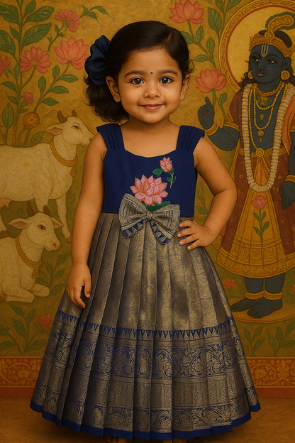 Royal Blue & Gold Hand-Painted Lotus Frock – Ethnic Elegance