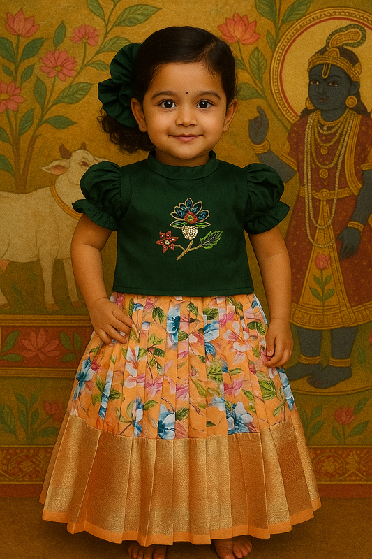 Floral Peach Pleated Skirt with Dark Green Puff Sleeve Top