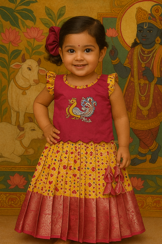 Hand-Painted Ethnic Pattu Pavadai Set – Pink & Yellow