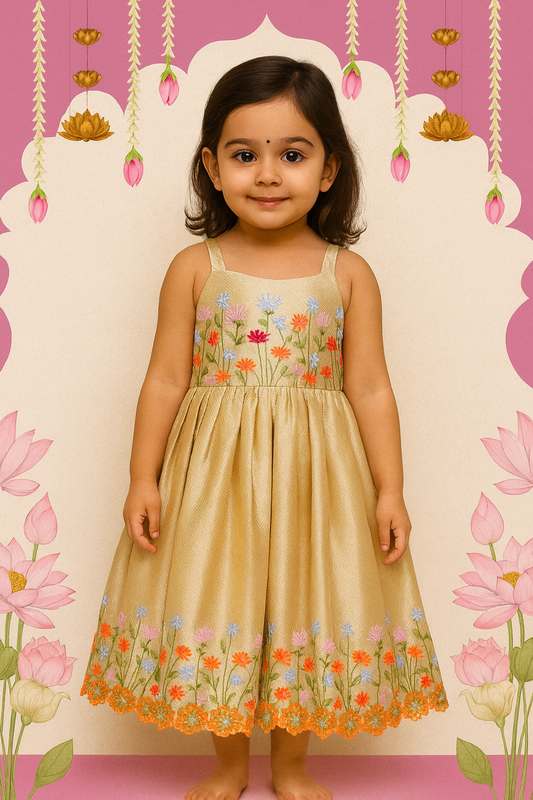 Elegant Gold Floral Embroidered Kids Gown – Festive & Party Wear
