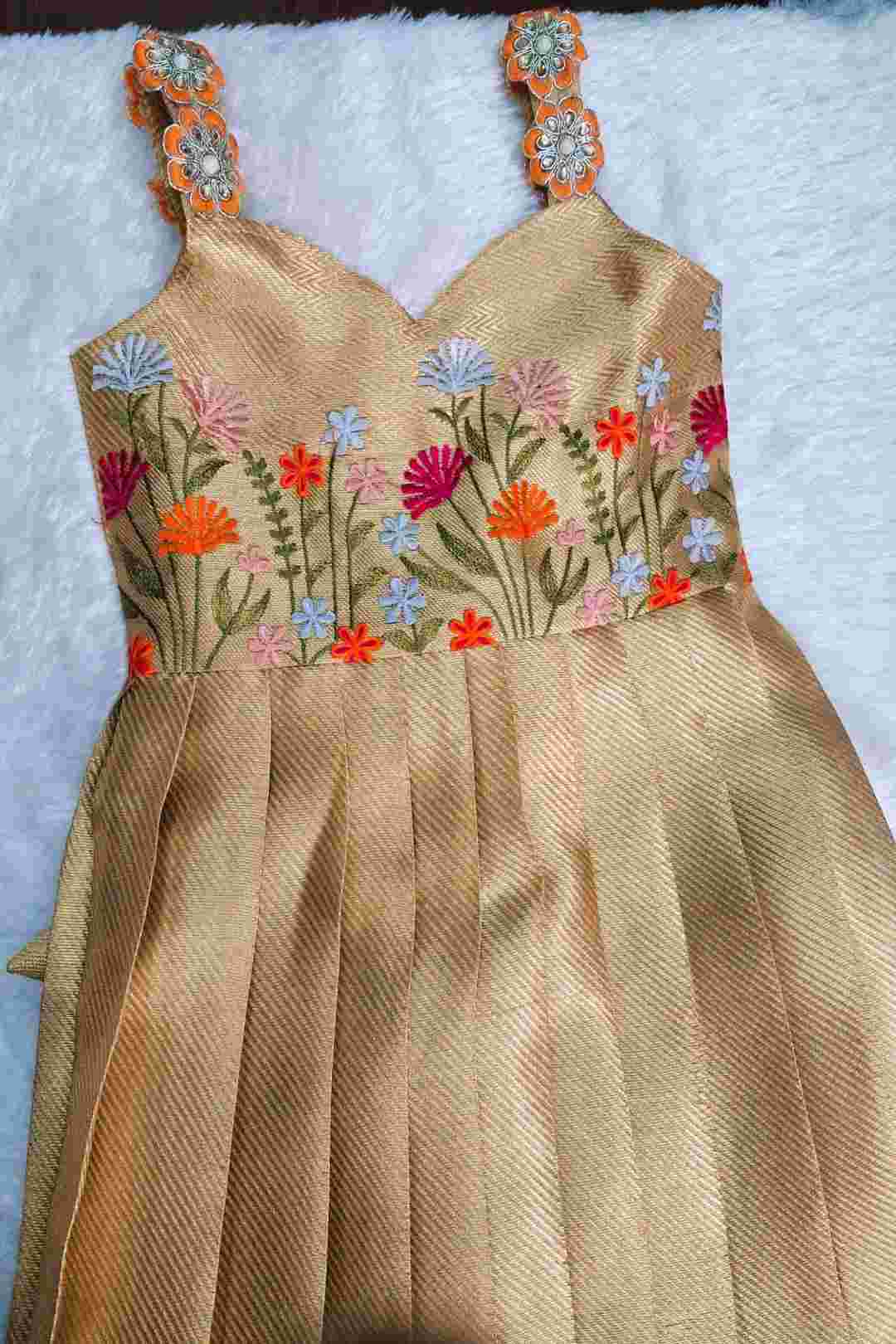 Elegant Gold Floral Embroidered Kids Gown – Festive & Party Wear