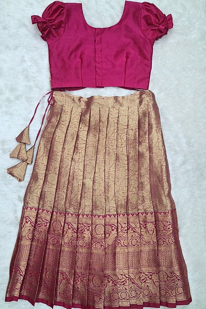 Girls Traditional Silk Pattu Pavadai Set – Rani Pink & Gold