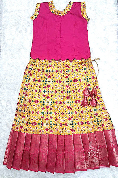 Hand-Painted Ethnic Pattu Pavadai Set – Pink & Yellow