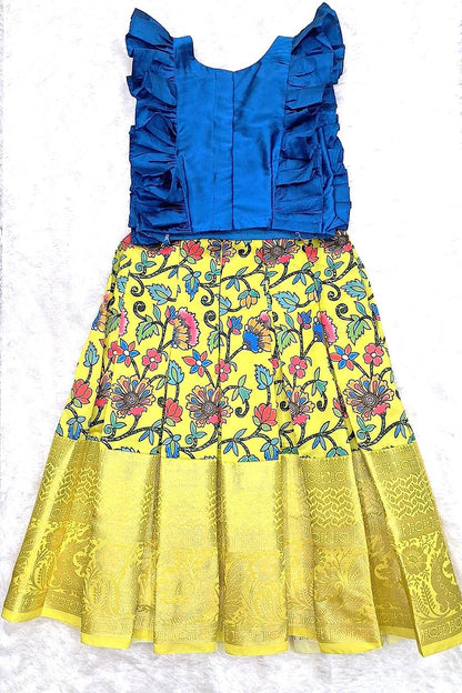 Girls Floral Printed Skirt & Embroidered Ruffle Top Set – Blue & Yellow