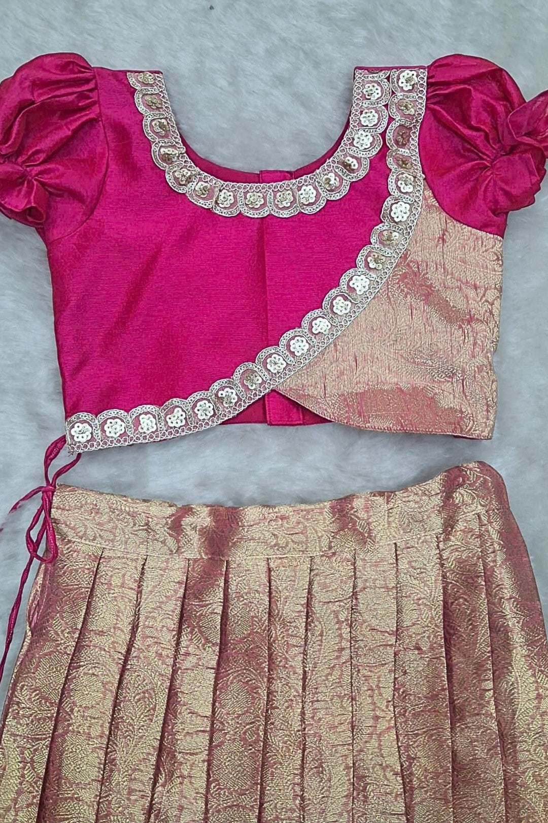 Girls Traditional Silk Pattu Pavadai Set – Rani Pink & Gold