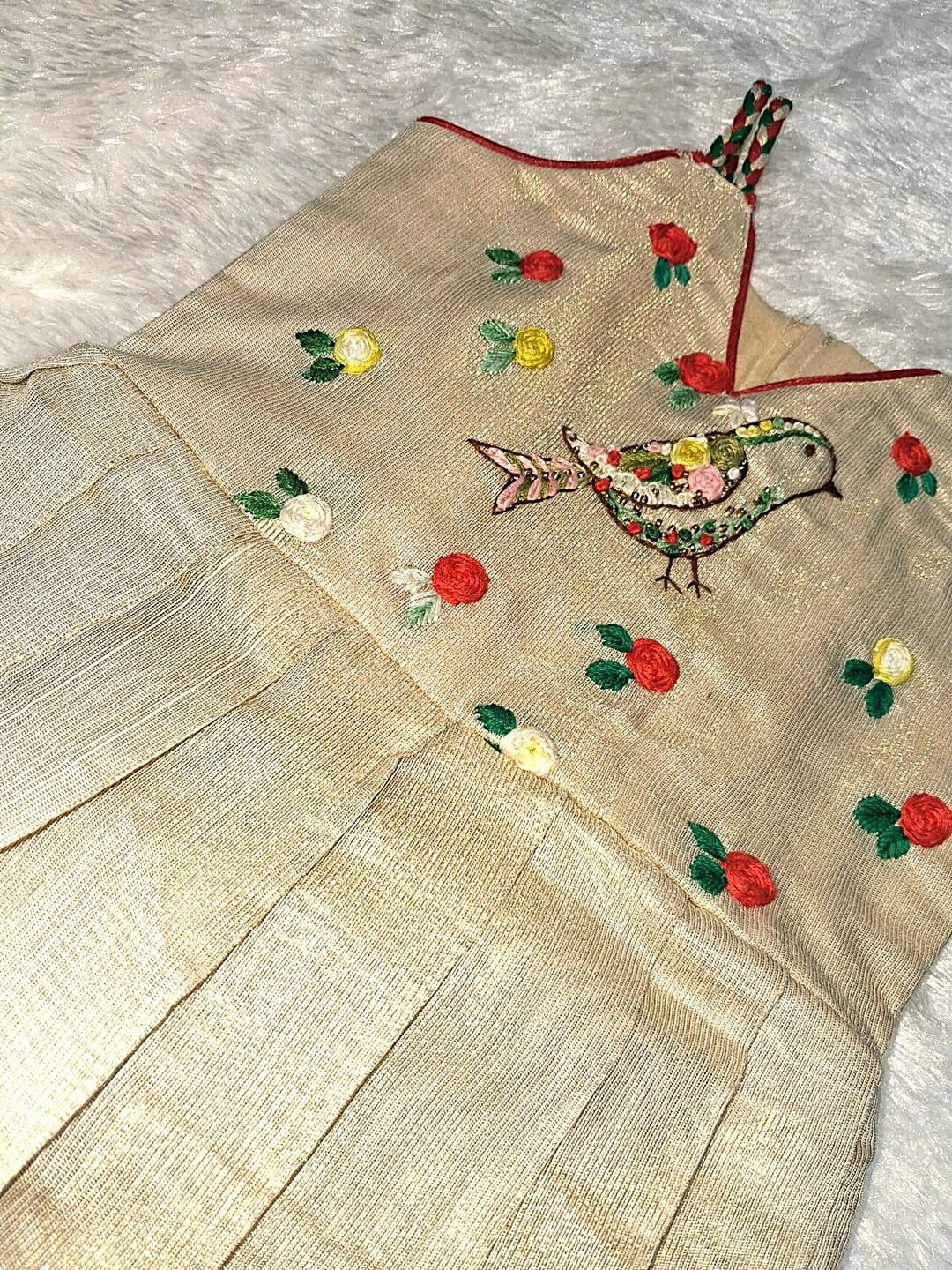 Elegant Tissue Fabric Frock with Hand Embroidery – Bird Motif