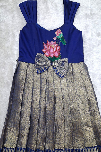 Royal Blue & Gold Hand-Painted Lotus Frock – Ethnic Elegance