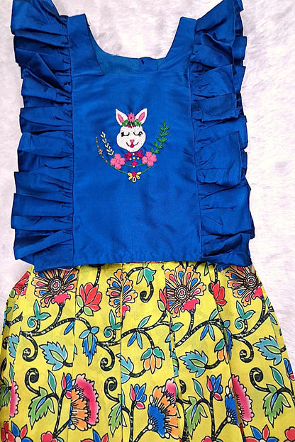 Girls Floral Printed Skirt & Embroidered Ruffle Top Set – Blue & Yellow