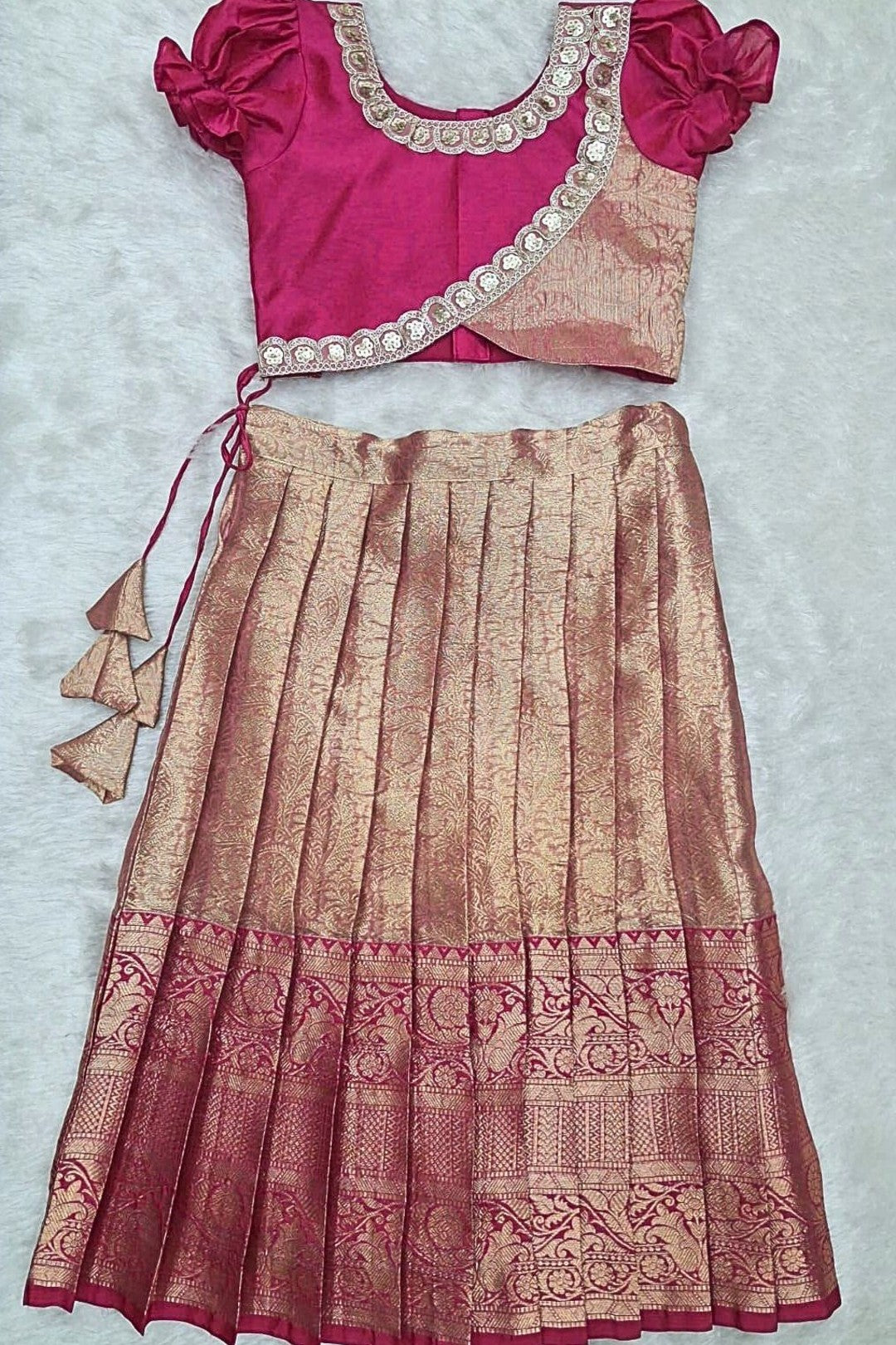 Girls Traditional Silk Pattu Pavadai Set – Rani Pink & Gold
