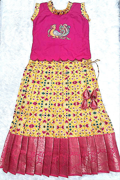 Hand-Painted Ethnic Pattu Pavadai Set – Pink & Yellow