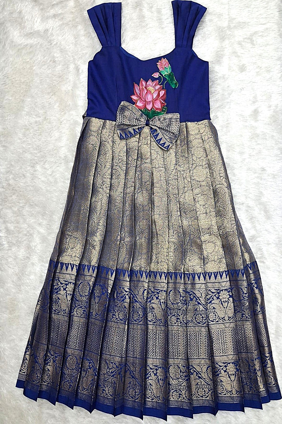 Royal Blue & Gold Hand-Painted Lotus Frock – Ethnic Elegance