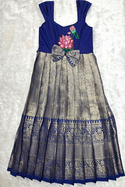 Royal Blue & Gold Hand-Painted Lotus Frock – Ethnic Elegance