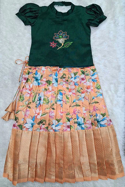 Floral Peach Pleated Skirt with Dark Green Puff Sleeve Top