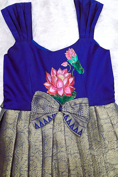 Royal Blue & Gold Hand-Painted Lotus Frock – Ethnic Elegance