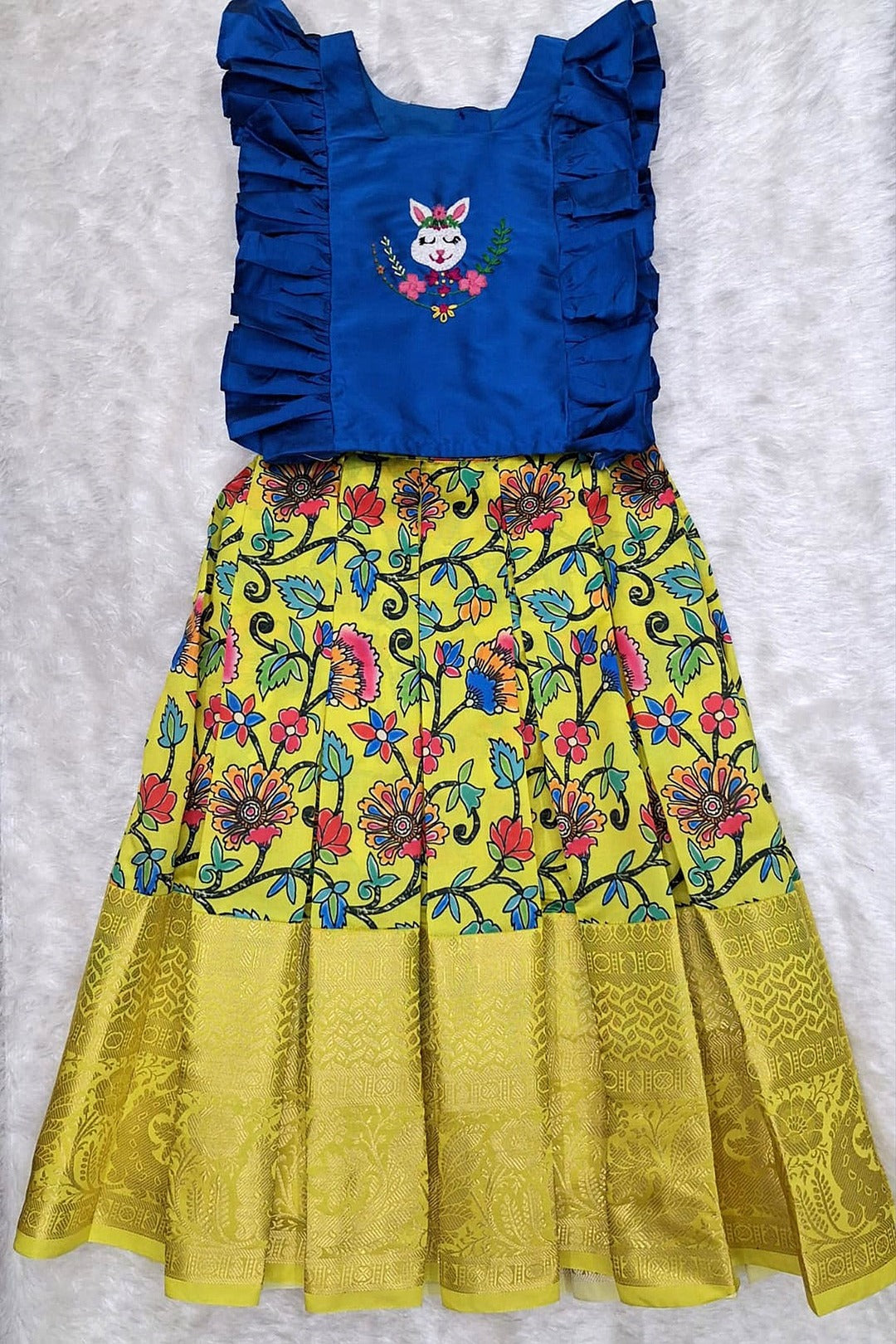 Girls Floral Printed Skirt & Embroidered Ruffle Top Set – Blue & Yellow