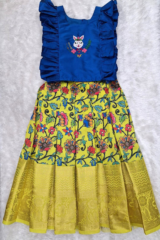 Girls Floral Printed Skirt & Embroidered Ruffle Top Set – Blue & Yellow