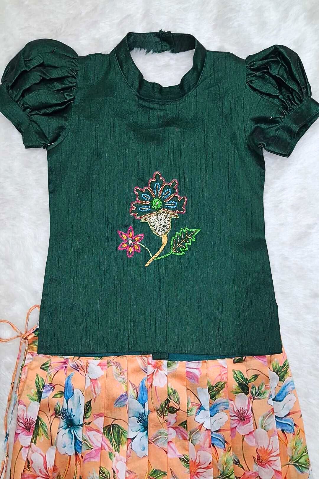 Floral Peach Pleated Skirt with Dark Green Puff Sleeve Top