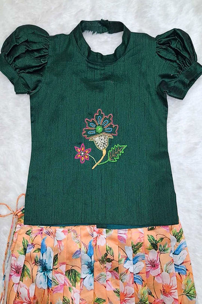 Floral Peach Pleated Skirt with Dark Green Puff Sleeve Top