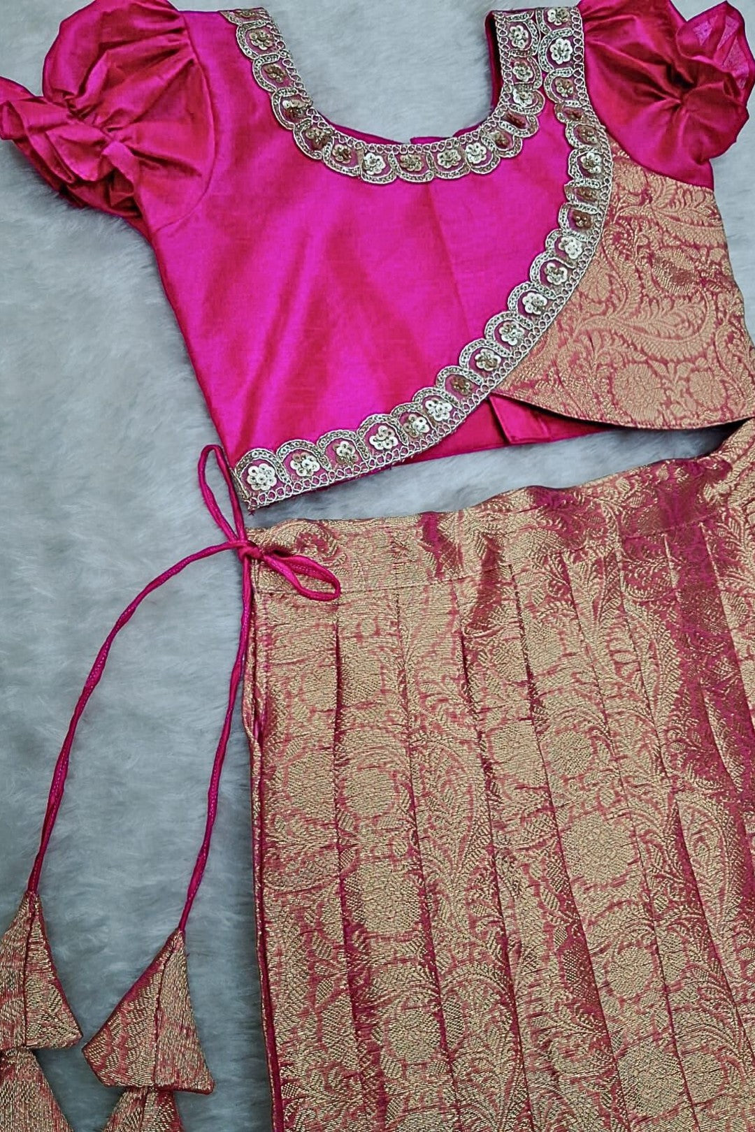 Girls Traditional Silk Pattu Pavadai Set – Rani Pink & Gold