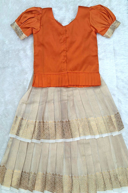 Elegant Orange Blouse with Cream Zari Skirt Set