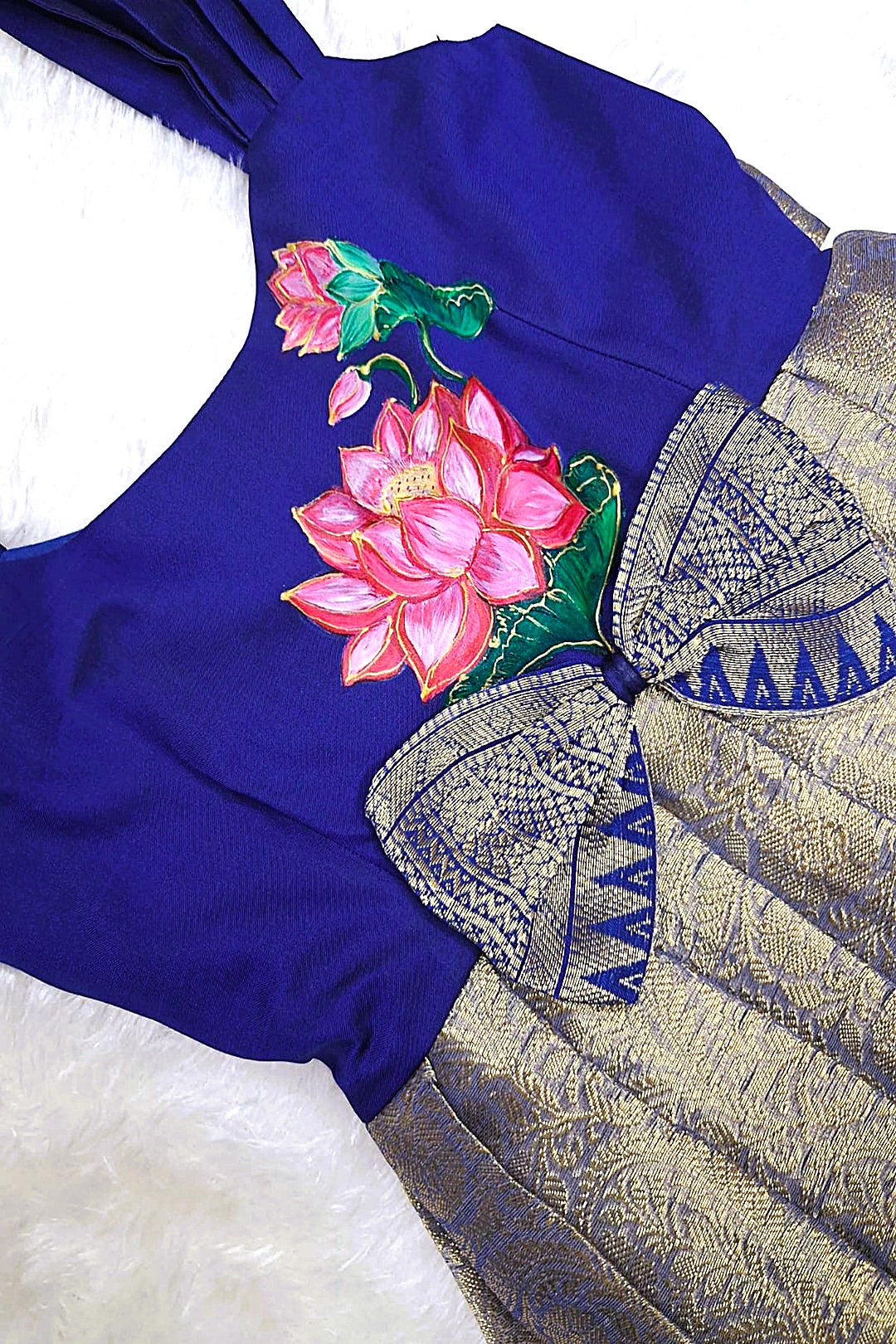 Royal Blue & Gold Hand-Painted Lotus Frock – Ethnic Elegance