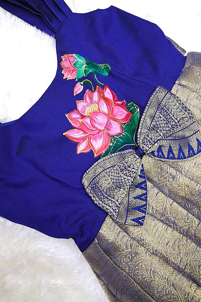 Royal Blue & Gold Hand-Painted Lotus Frock – Ethnic Elegance