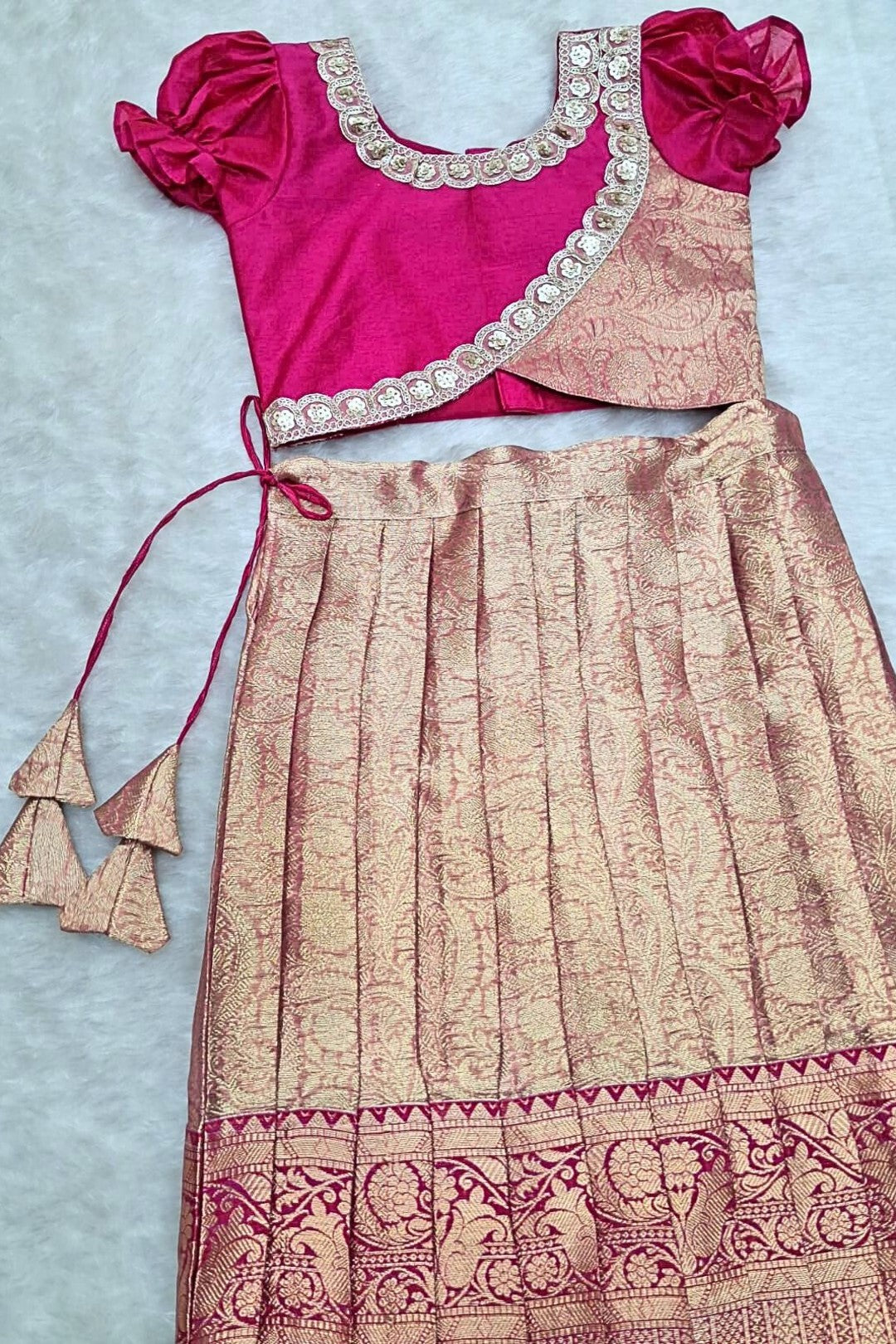 Girls Traditional Silk Pattu Pavadai Set – Rani Pink & Gold