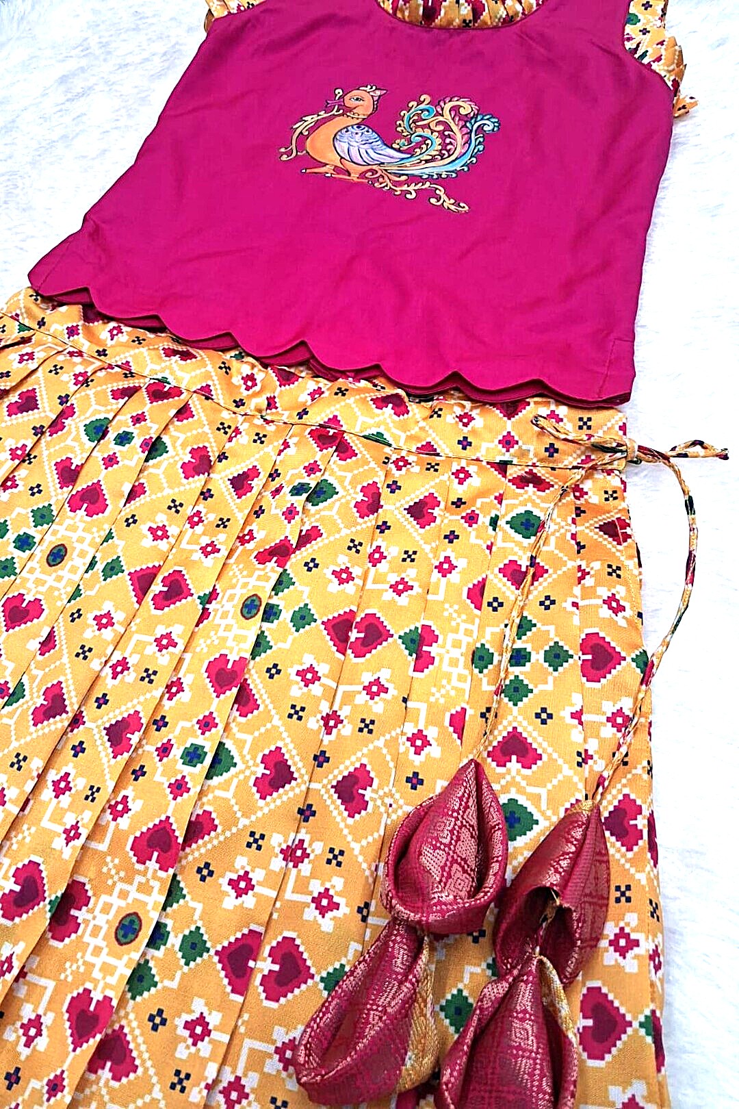 Hand-Painted Ethnic Pattu Pavadai Set – Pink & Yellow