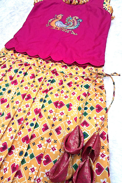 Hand-Painted Ethnic Pattu Pavadai Set – Pink & Yellow