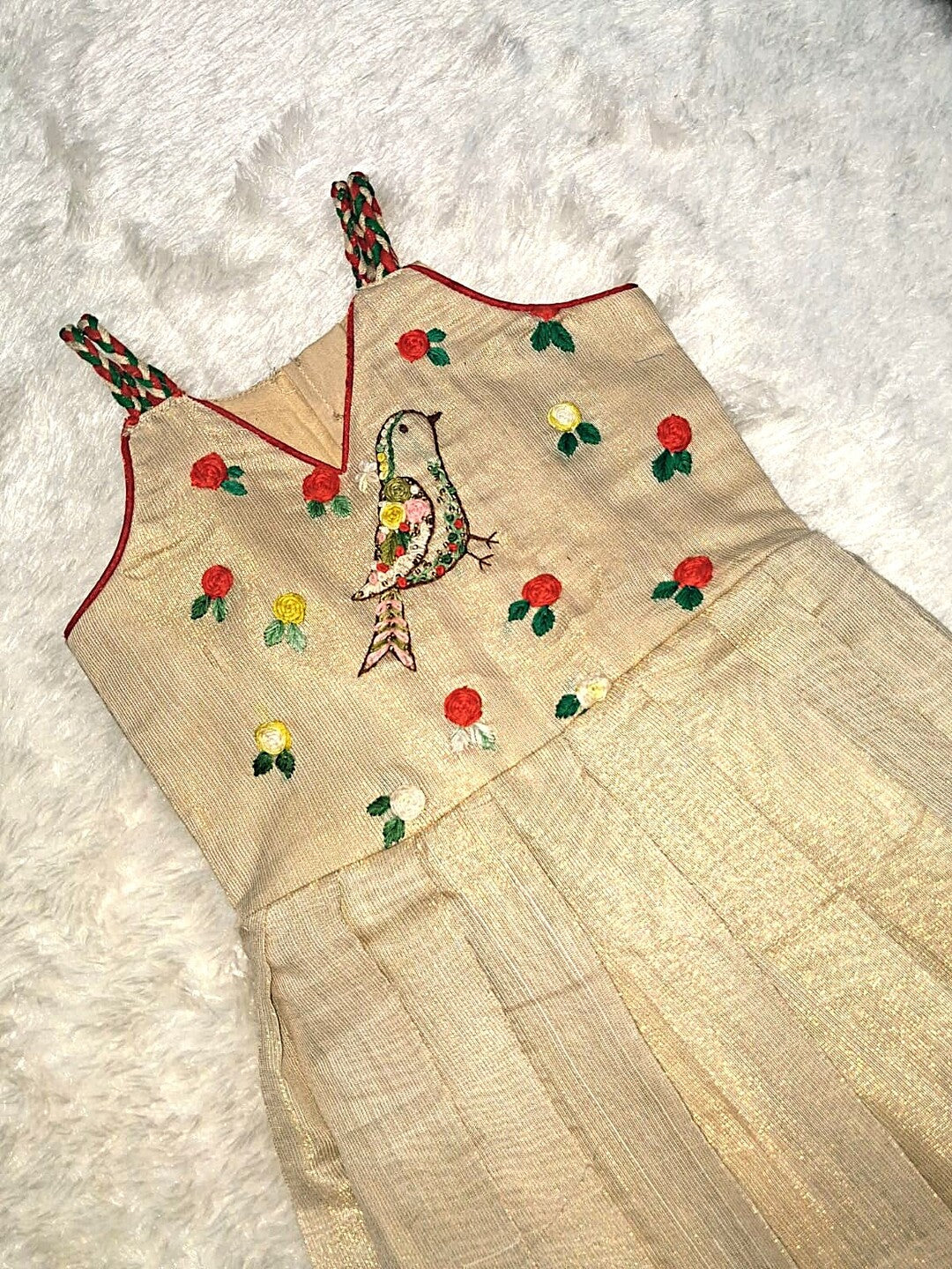 Elegant Tissue Fabric Frock with Hand Embroidery – Bird Motif