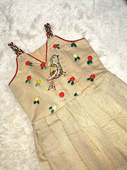 Elegant Tissue Fabric Frock with Hand Embroidery – Bird Motif