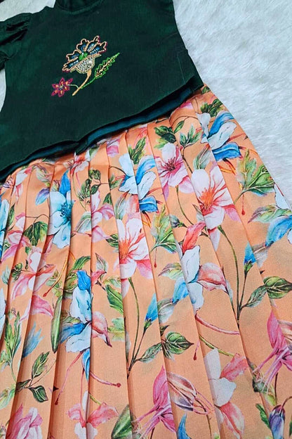 Floral Peach Pleated Skirt with Dark Green Puff Sleeve Top